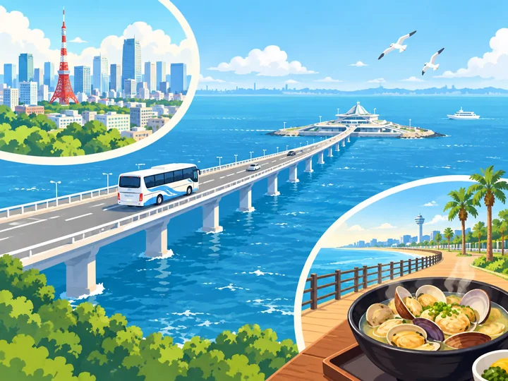 高速バスと海辺の食事を組み合わせた日帰り旅のイメージ図