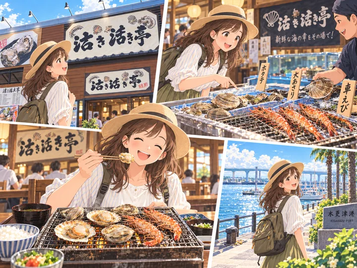 海鮮焼きと港の散歩を楽しむ旅人のイメージ図