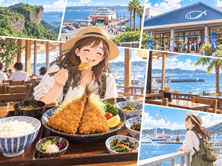 山歩きの後に魚料理と海の景色を楽しむイメージ図