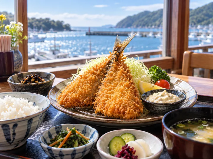アジフライとタルタルソースを中心にした定食の写真風のイメージ図