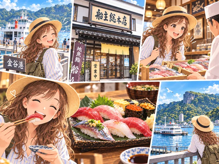 港から寿司店へ向かい、地魚を楽しむ旅人のイメージ図