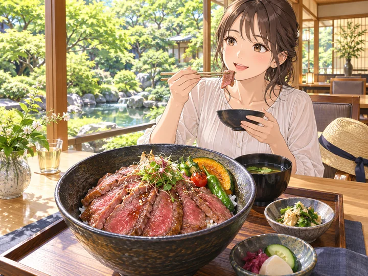 和牛の丼と、緑を望む旅館の昼食を描いたイメージ図