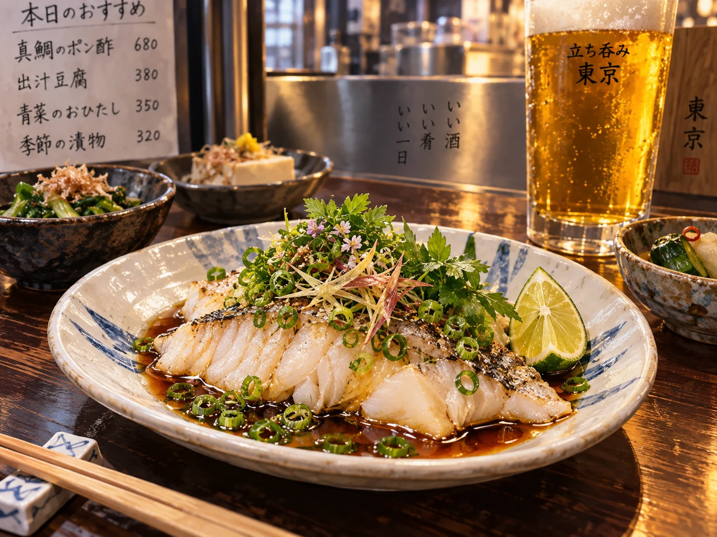 白身魚にポン酢と薬味を合わせた皿、小鉢、飲み物のイメージ図