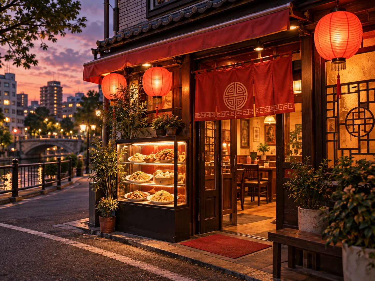 赤い提灯と料理サンプルのショーケースがある中華料理店外観のイメージ図