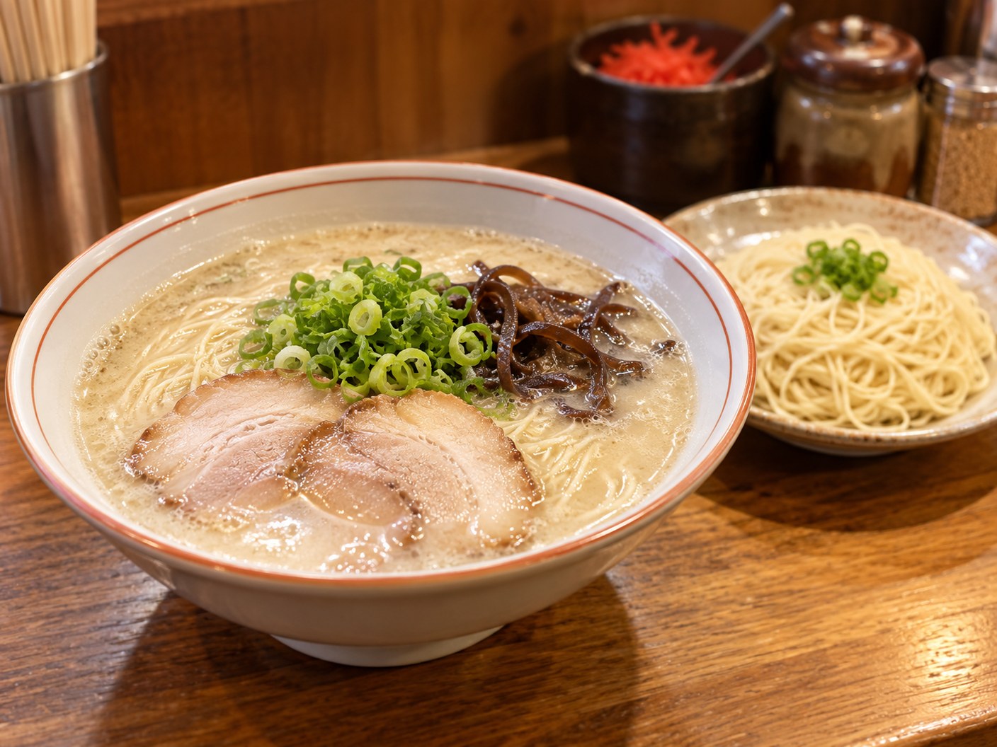豚骨ラーメンのどんぶりの横に、追加の麺を皿で添えたAI生成イメージ