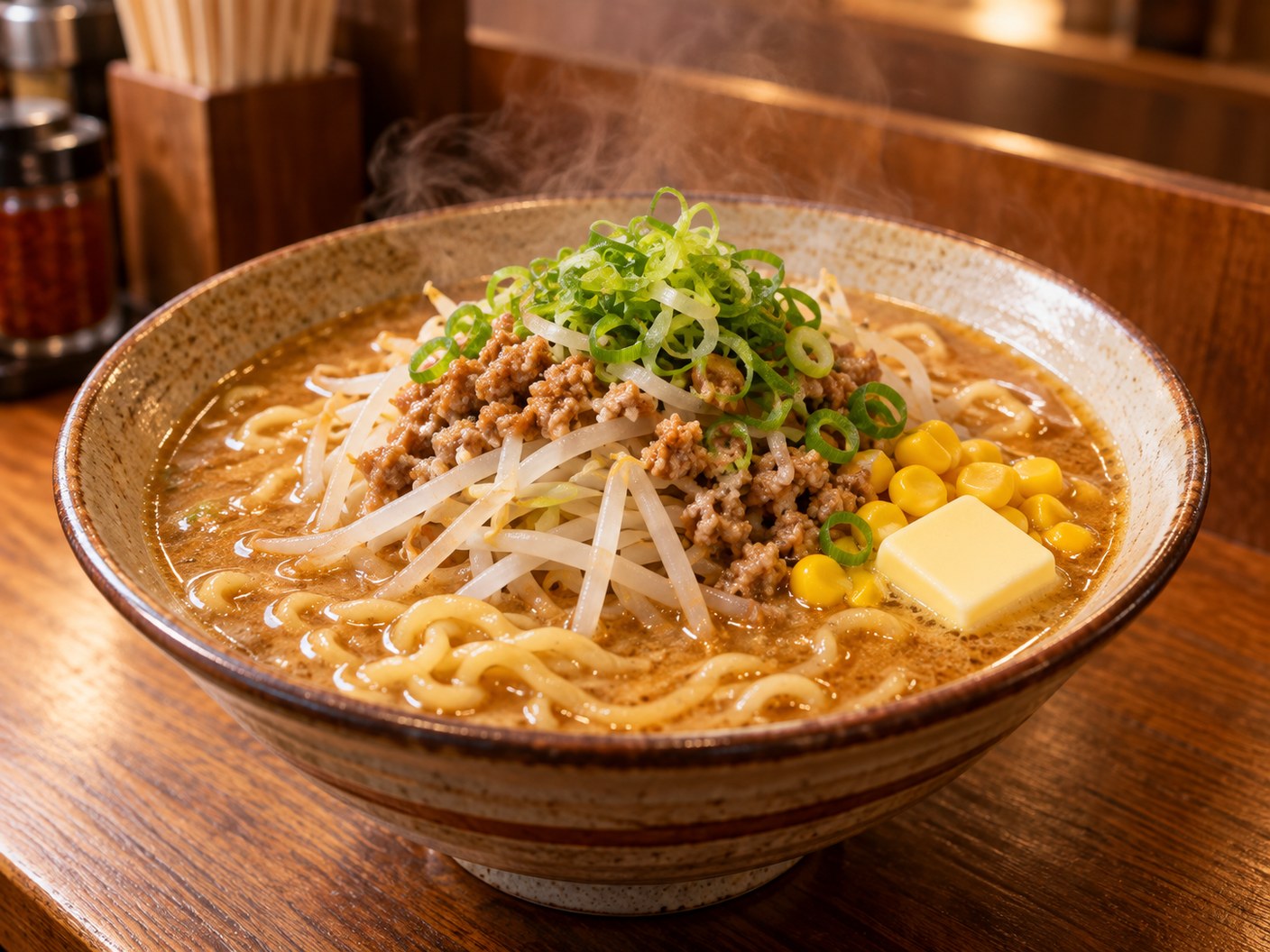 茶色のスープに太めの麺、もやし、ひき肉、コーン、バターを合わせた味噌ラーメンのAI生成イメージ
