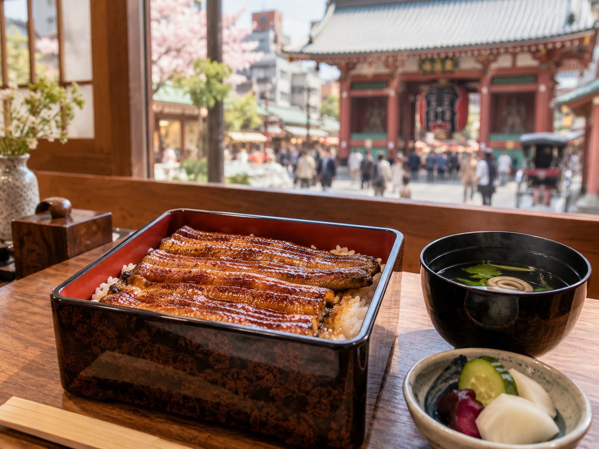 うな重と寺院風の街並みを組み合わせた料理イメージ
