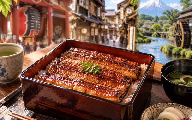 うな重と寺院・山の風景を組み合わせたうなぎガイドのイメージ