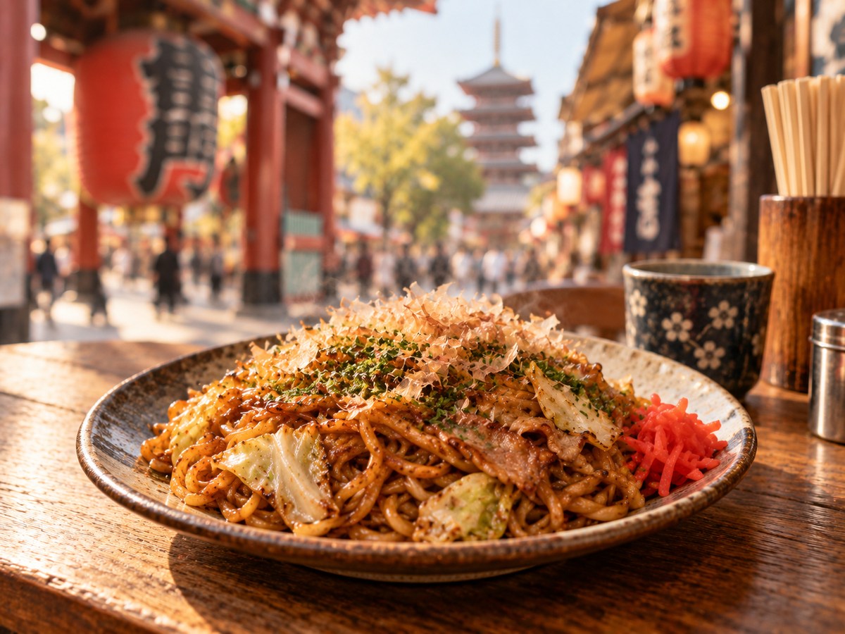 焼きそばの皿と門前町風の背景を組み合わせた料理イメージ