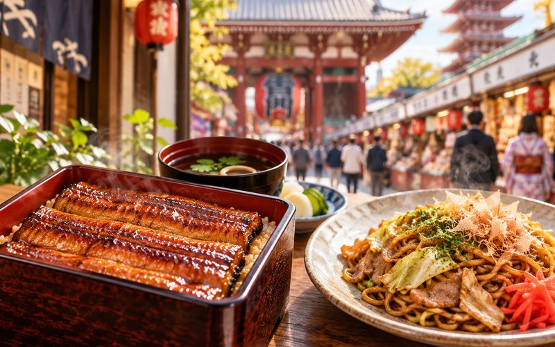 うな重と焼きそばと寺院風の背景を合わせた散策イメージ