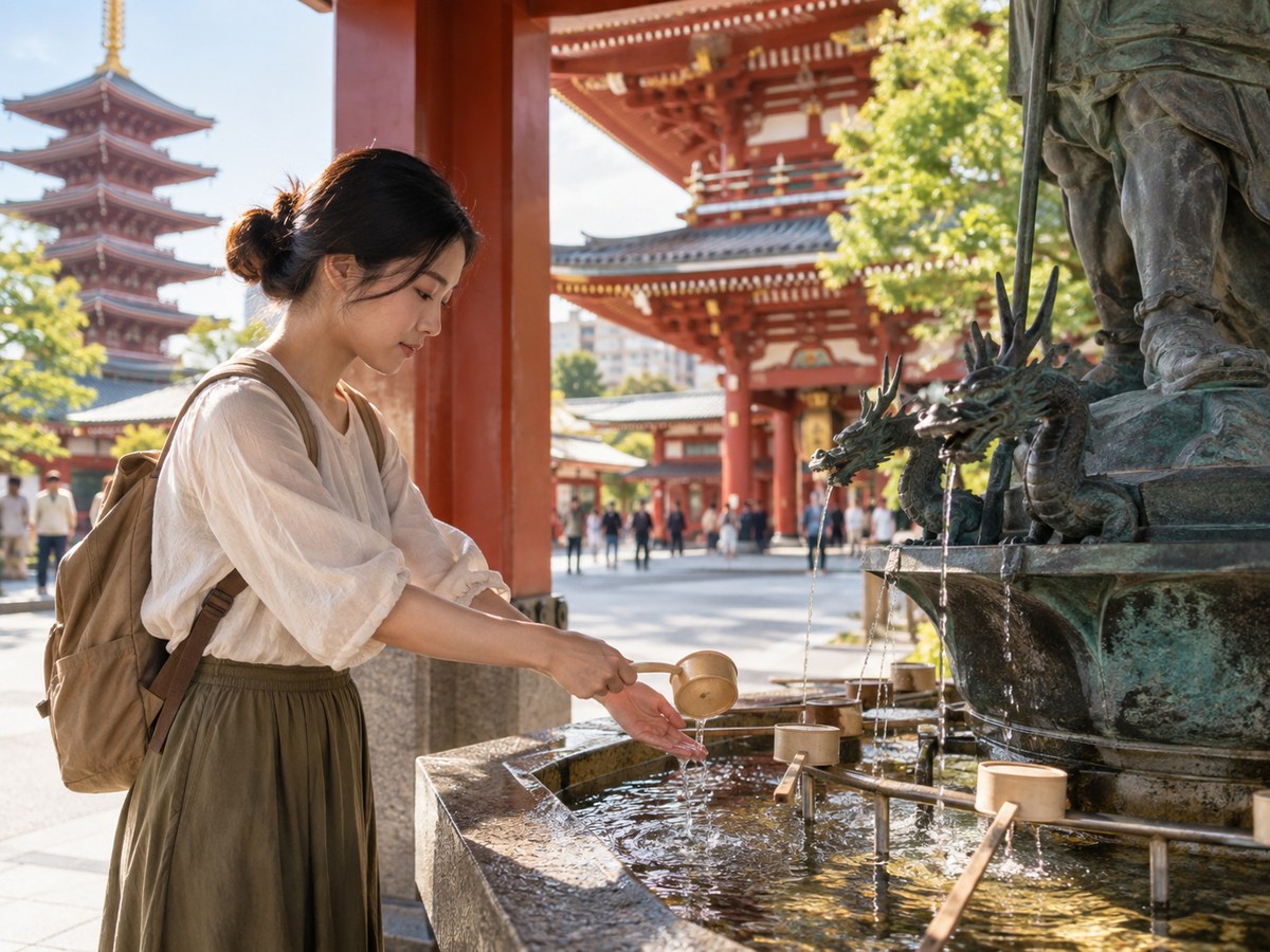 柄杓で手に水をかけている人のイメージ