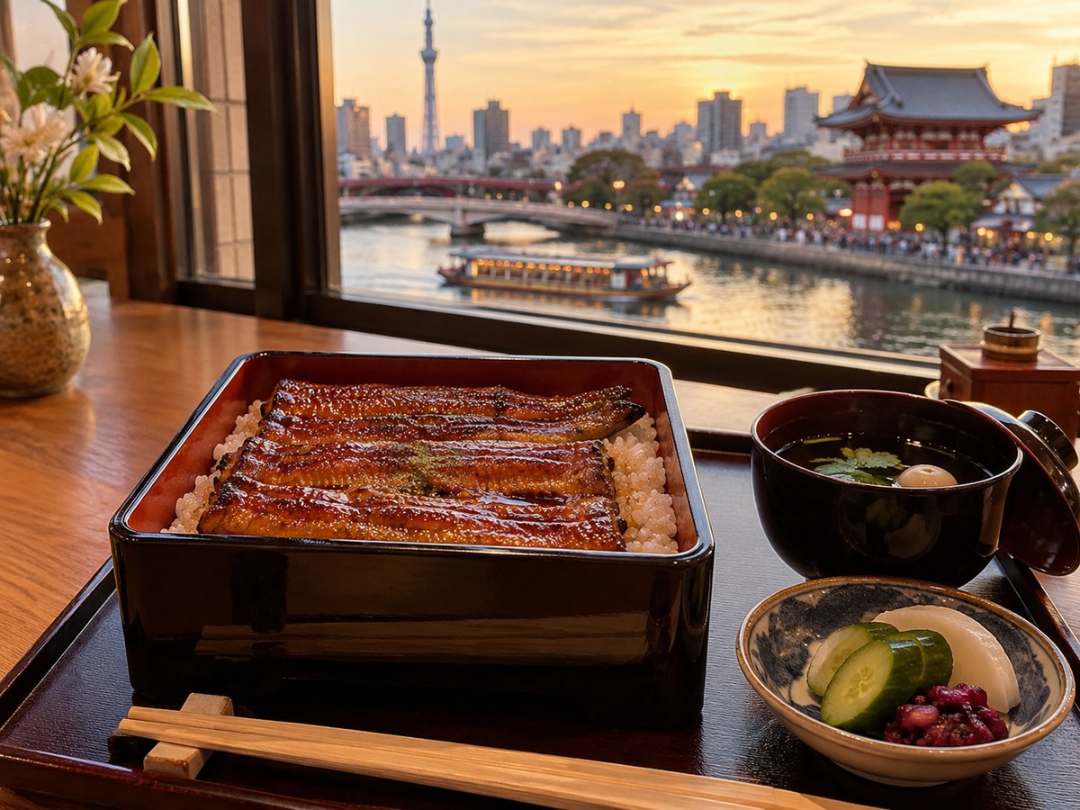 川沿いの風景とうな重を組み合わせた食事イメージ