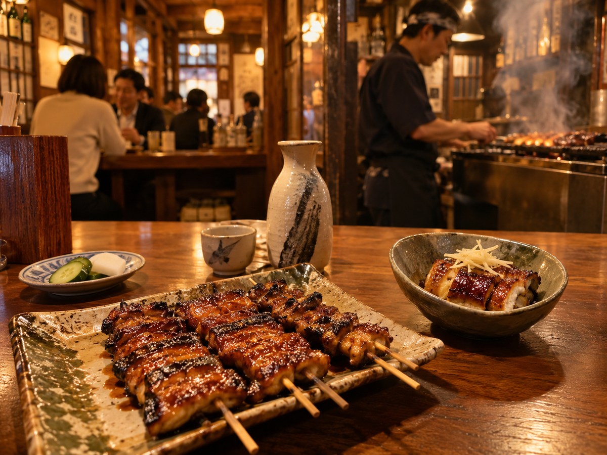 焼き物や小鉢を前にした温かい照明の食事場面イメージ