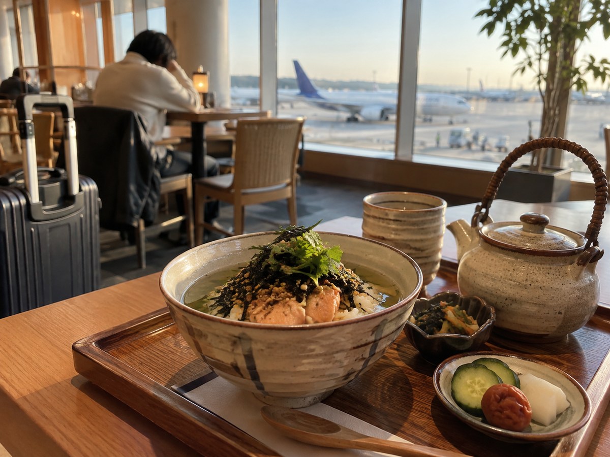 空港風の空間に、鮭を添えただし茶漬けを描いたイメージ