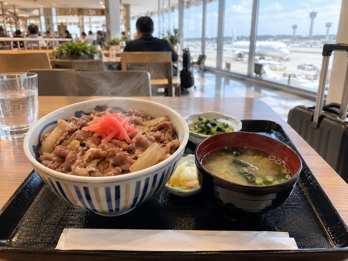 牛丼と汁物を空港風の空間に描いた料理イメージ