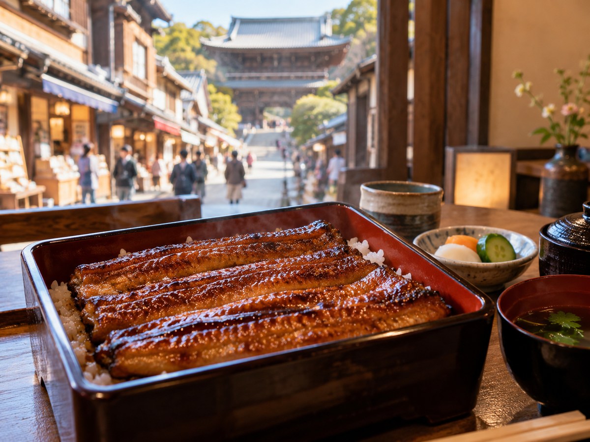 うな重の膳と寺町風の背景を組み合わせた料理イメージ