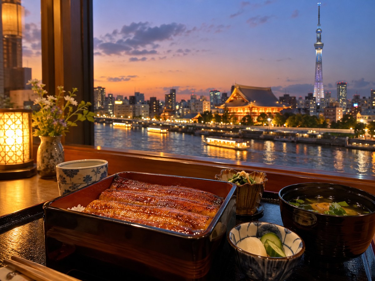夜の都市風景とうな重を組み合わせた食事イメージ