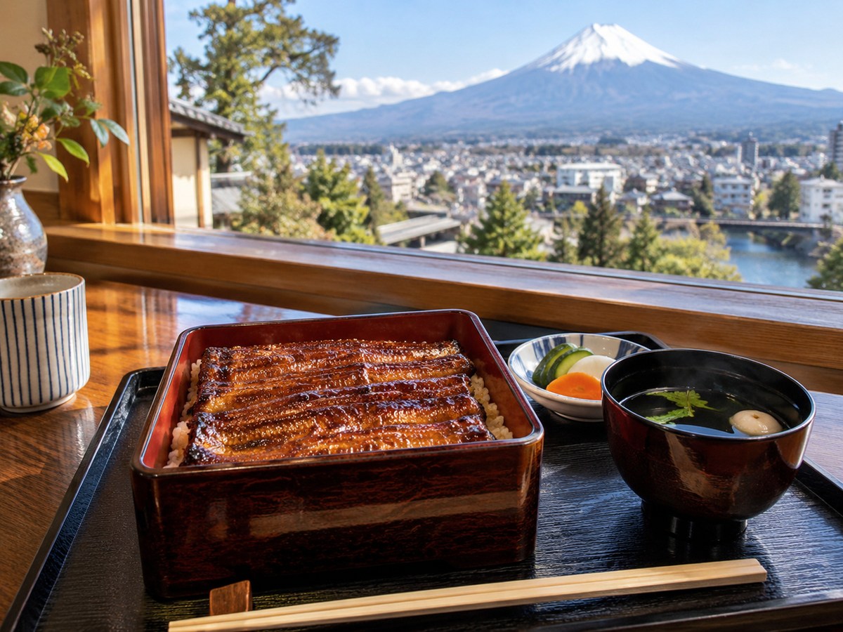 富士山の風景とうな重を組み合わせた旅のイメージ