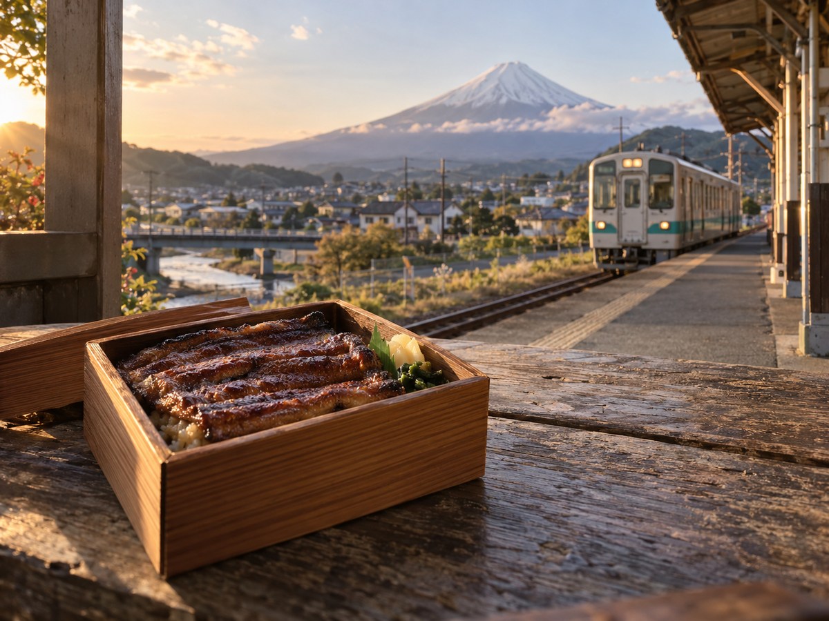 山と列車とうなぎ弁当を組み合わせたイメージ