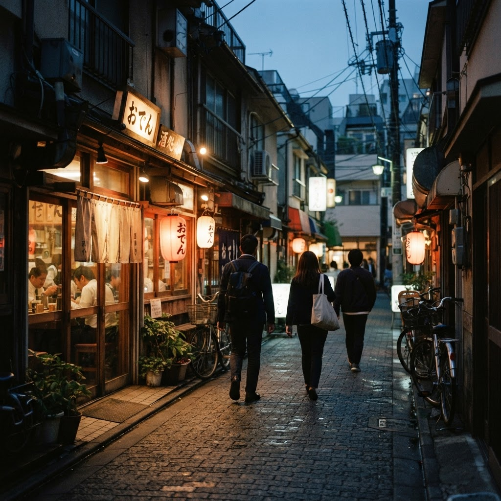 夕暮れの日本の路地を歩く人々と飲食店の灯り