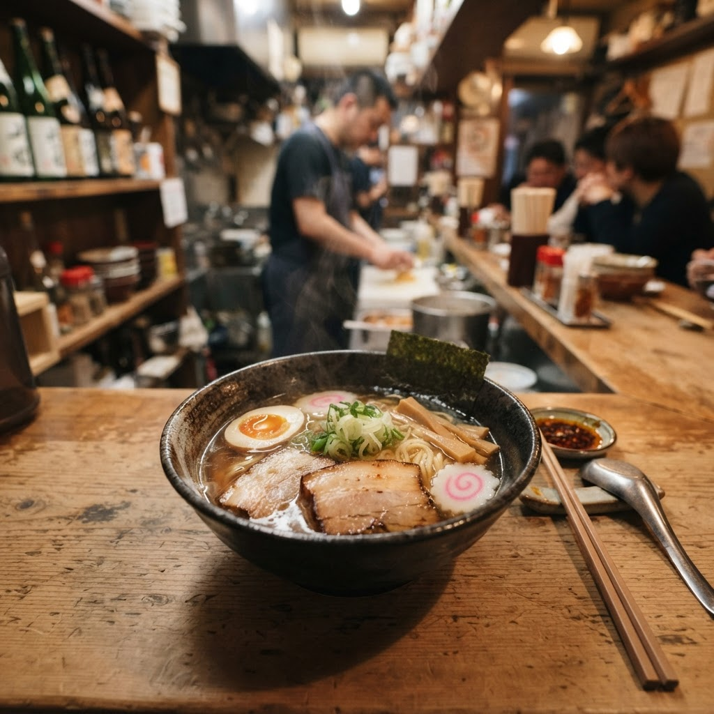 木製カウンターに置かれた醤油ラーメン