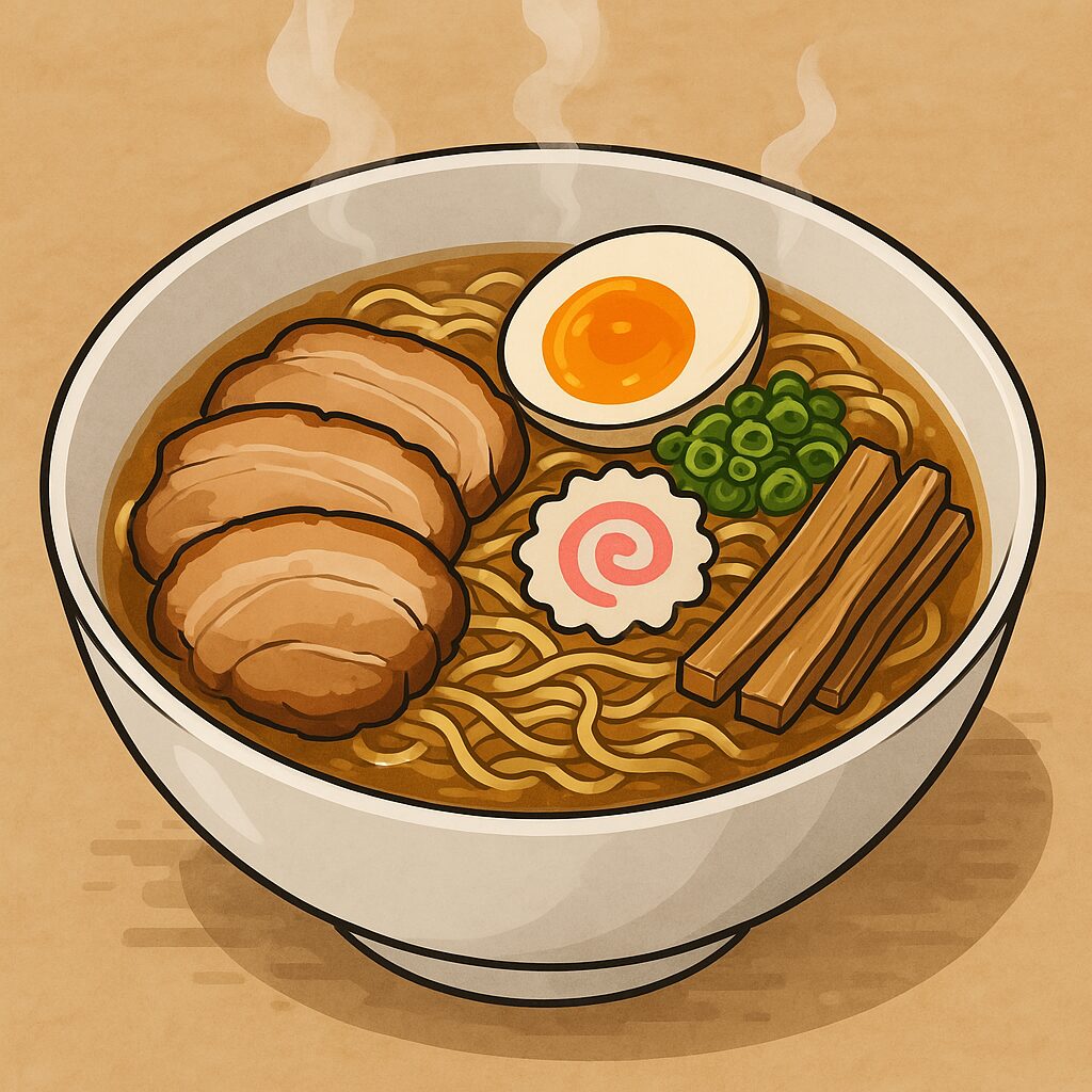 チャーシュー、煮卵、ねぎ、メンマを盛り付けたラーメンのイラスト