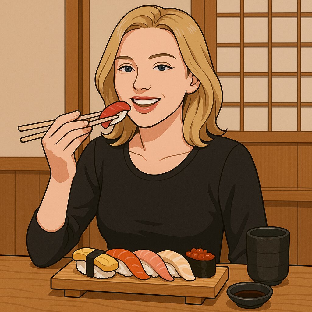 寿司店でまぐろの握りを箸で食べる金髪の女性のイラスト